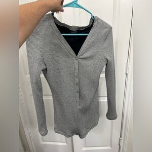 Ribbed V-Neck Henley Romper in Light Gray